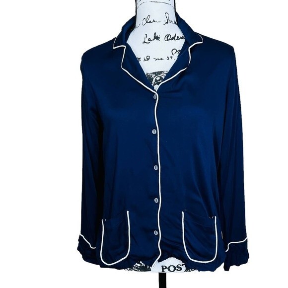 Splendid Navy top women button up shirt Long sleeve Piped Woven PJ size S sleep - Picture 1 of 13